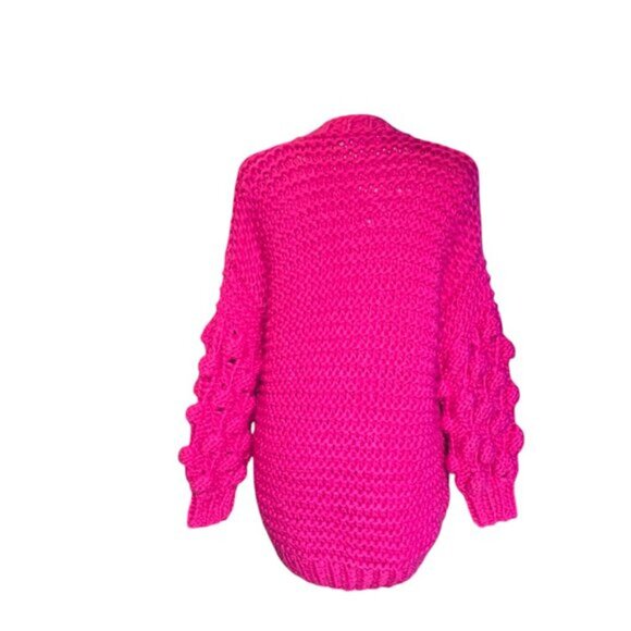 Oversized Pink Chunky Hand Knit Bubble Wool Lantern Sleeves Cardigan. Small - Picture 2 of 6